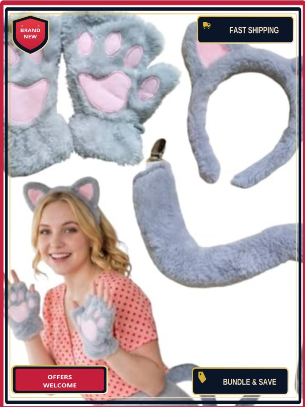 Cat Ears Headband Tail Soft Plush Paws Costume Set Halloween Party Accessory